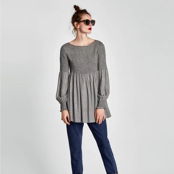 Zara Woman Smocked Black & White Plaid Babydoll Top size x-small - Picture 2 of 6